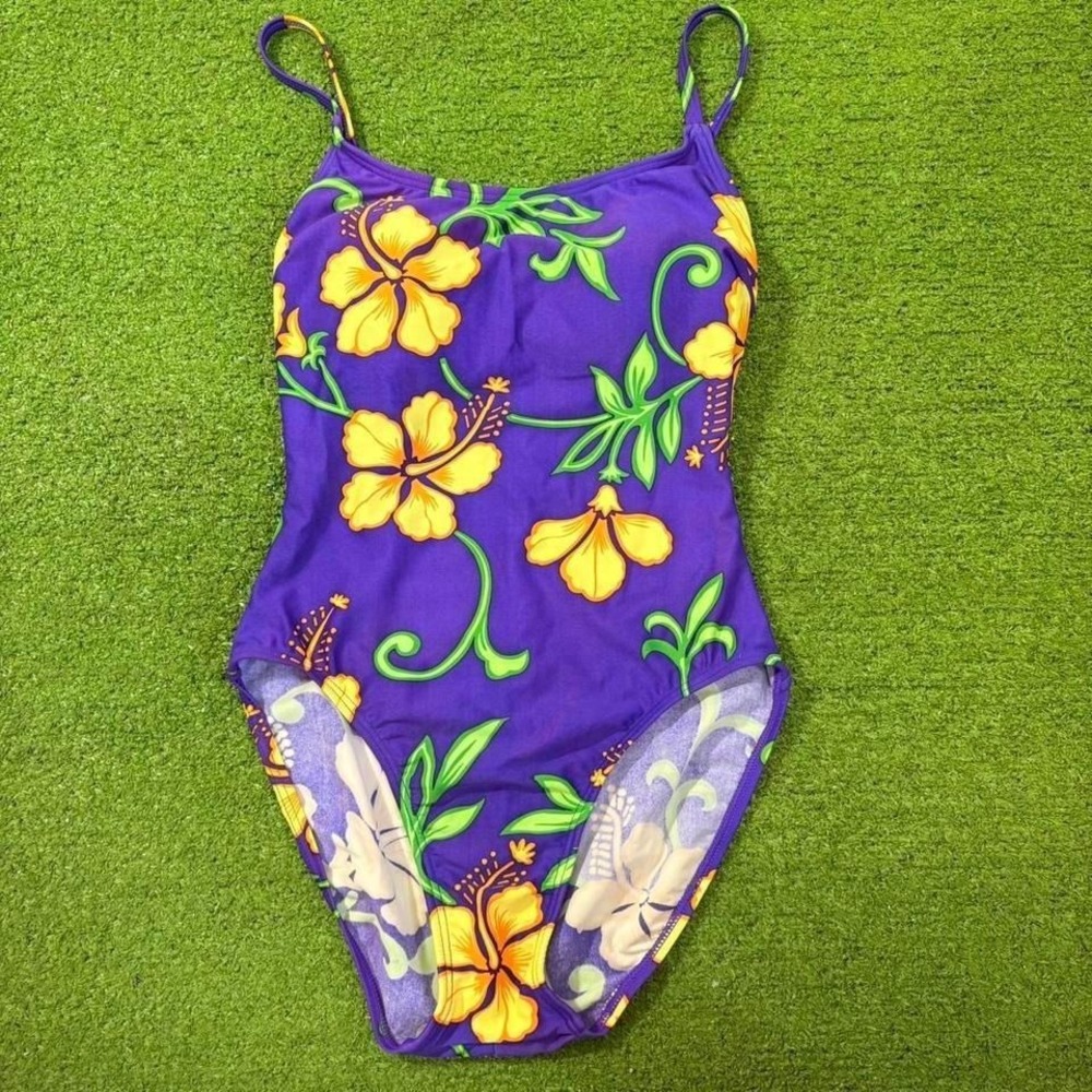 Vintage 90s Hibiscus Flowers Purple One Piece Swimsuit Hawaiian Vacation Size 8